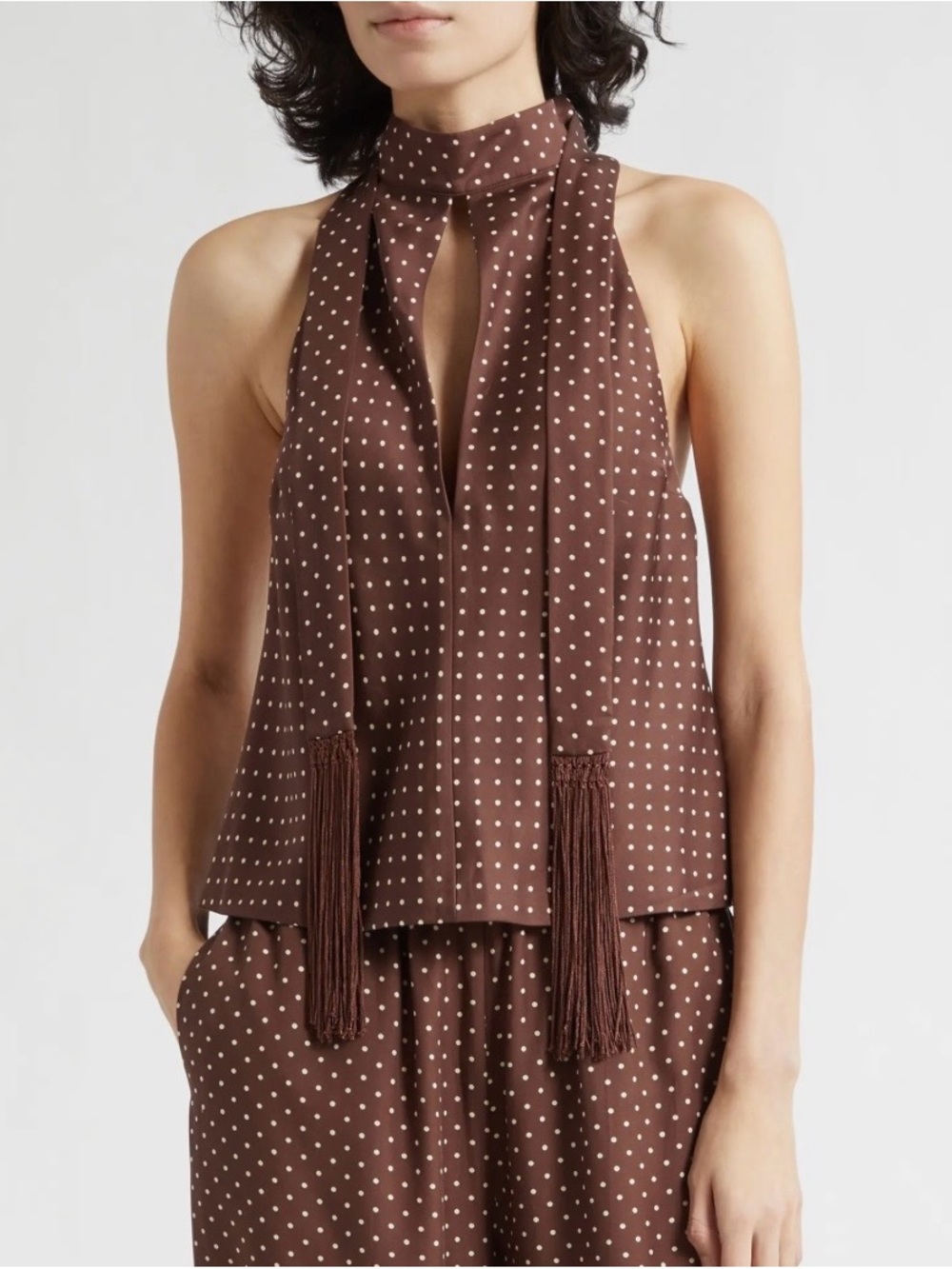 Posse Brown Polka Dot Halter Scarf Top with Tassels